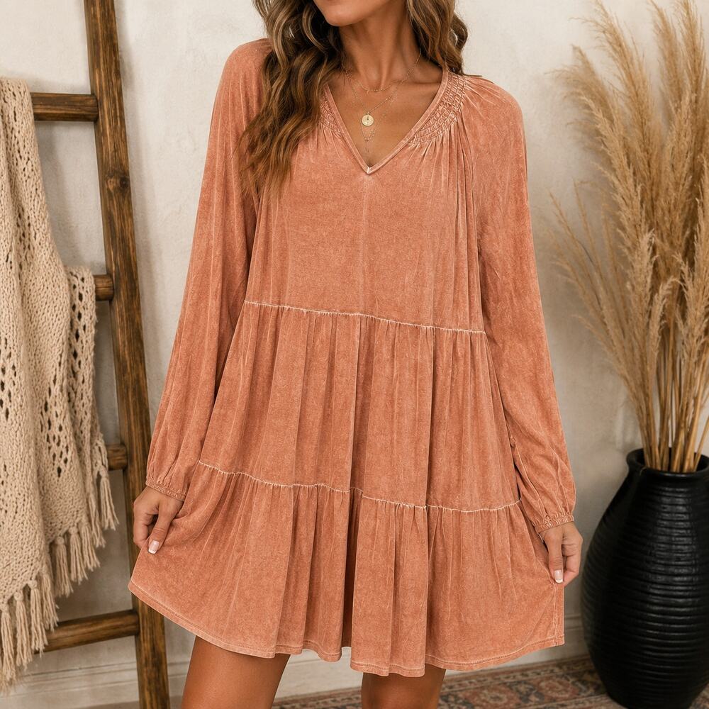Wonderly Garment Washed Rust Orange Tiered Mini Dress Small
